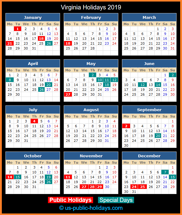 Virginia Holiday Calendar 2019